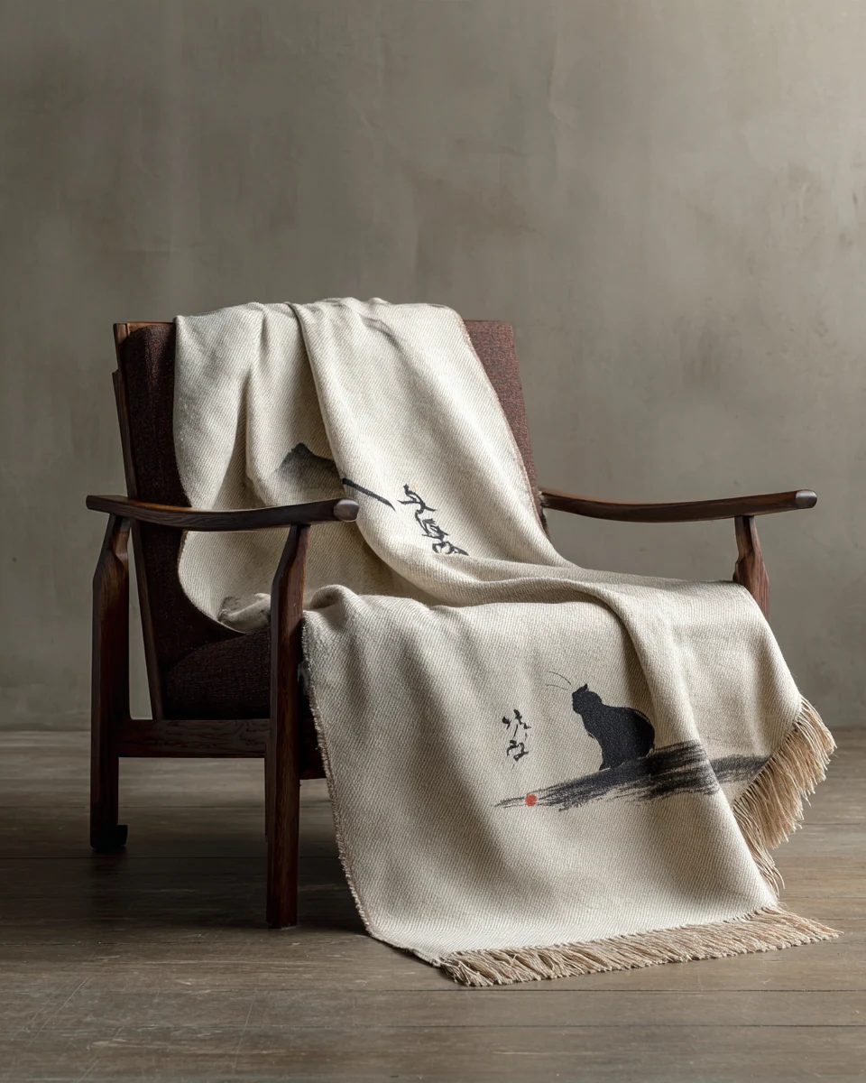 Custom ink-style cat blanket draped over a wooden chair