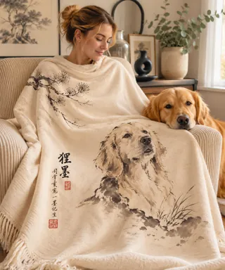 Custom dog portrait blanket shown with its companion