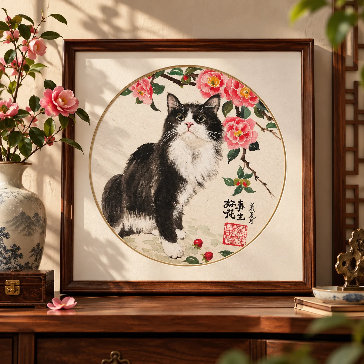 Hand-painted Chinese ink portrait of a black-and-white cat with peonies, displayed in a dark wood frame
